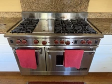 Wolf PS486BK-48" Gourmet Gas Range Oven 6 Burners, Infrared Griddle, Red knobs