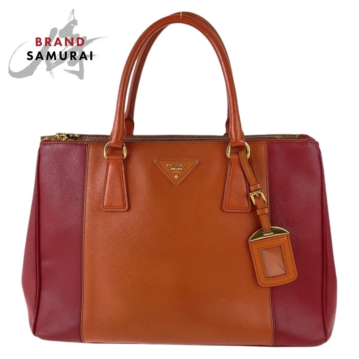 Prada Saffiano Orange Red Bicolor Leather Tote Handbag 504554