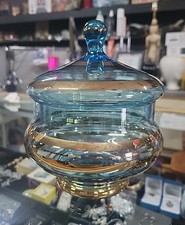 Vintage Mcm Blue Glass Candy Jar w/Lid 22k Gold Design 7.25” Apothecary Style