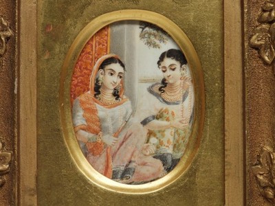 Antique C.1900 India Indian Women and Hookah Pipe Miniature WC Painting
