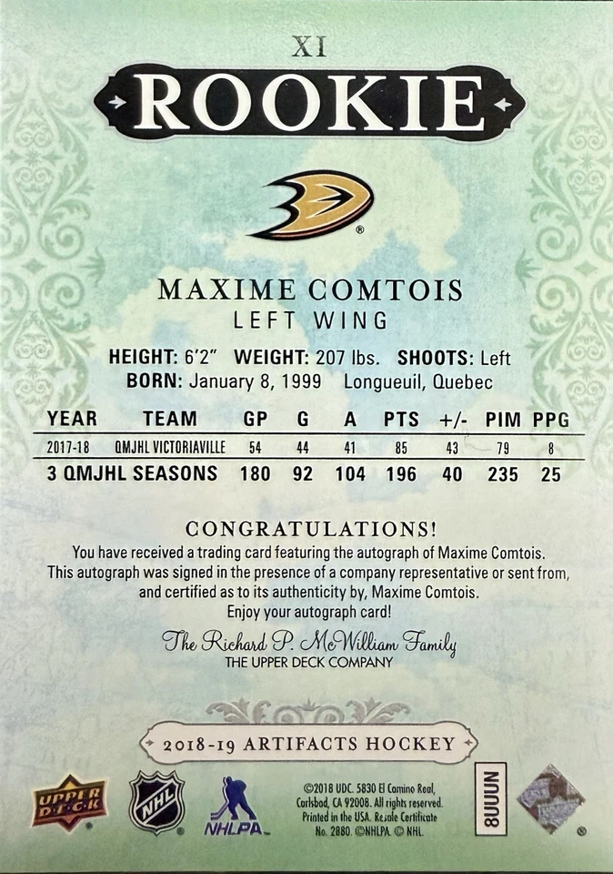2018/19 Upper Deck Artifacts Maxime Comtois Rookie RC AUTO #092/175 Ducks - Image 2 of 2