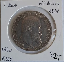 3 Mark Württemberg 1914 F in 900er Silber