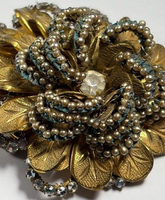 Vintage Miriam Haskell Beaded Pearl Rhinestone Brass Floral Brooch Pin