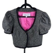 Y2K Trina Turk Gray Herringbone Tweed Cropped Puff Sleeve Jacket Women's Size 12