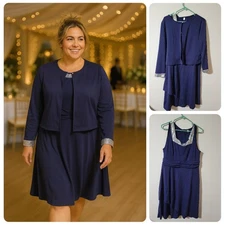 Two-Piece Navy Dress & Jacket Set Plus Size A-Line Dress Cropped Jacket Formal  