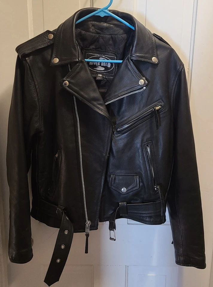 Chaqueta de moto River Road de cuero negra talla 38 hecha en Pakistán vintage 2000 Foto 2 de 4