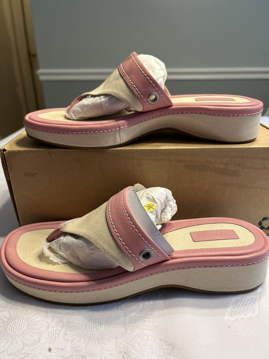 LL Bean Pink Cream Canvas Flip Flops Sandals Slip On Thongs Wedge
