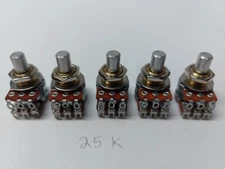25 K ohm Linear Taper Dual Gang Potentiometer 3/8 Inch shaft, Lot of five (5)
