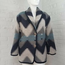 Jofeld Wool/Acrylic Blue Modified Chevron Southwestern Pattern Mid Length Coat S
