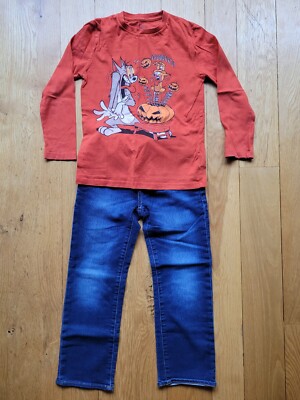 Gap Kids Outfit Halloween 'Tom Jerry' Orange Shirt, Blue Jeans, Size  (M)