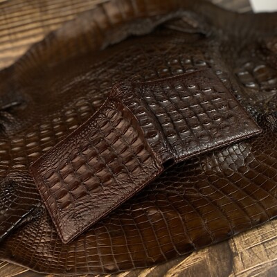 Double Side Real Crocodile Skin Leather Brown Men's Bifold Wallet 8 Card Slots