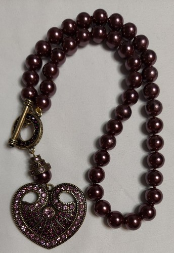 Heidi Daus "Distinguished Elegance" AUBERGINE HEART Necklace PEARLS CRYSTAL