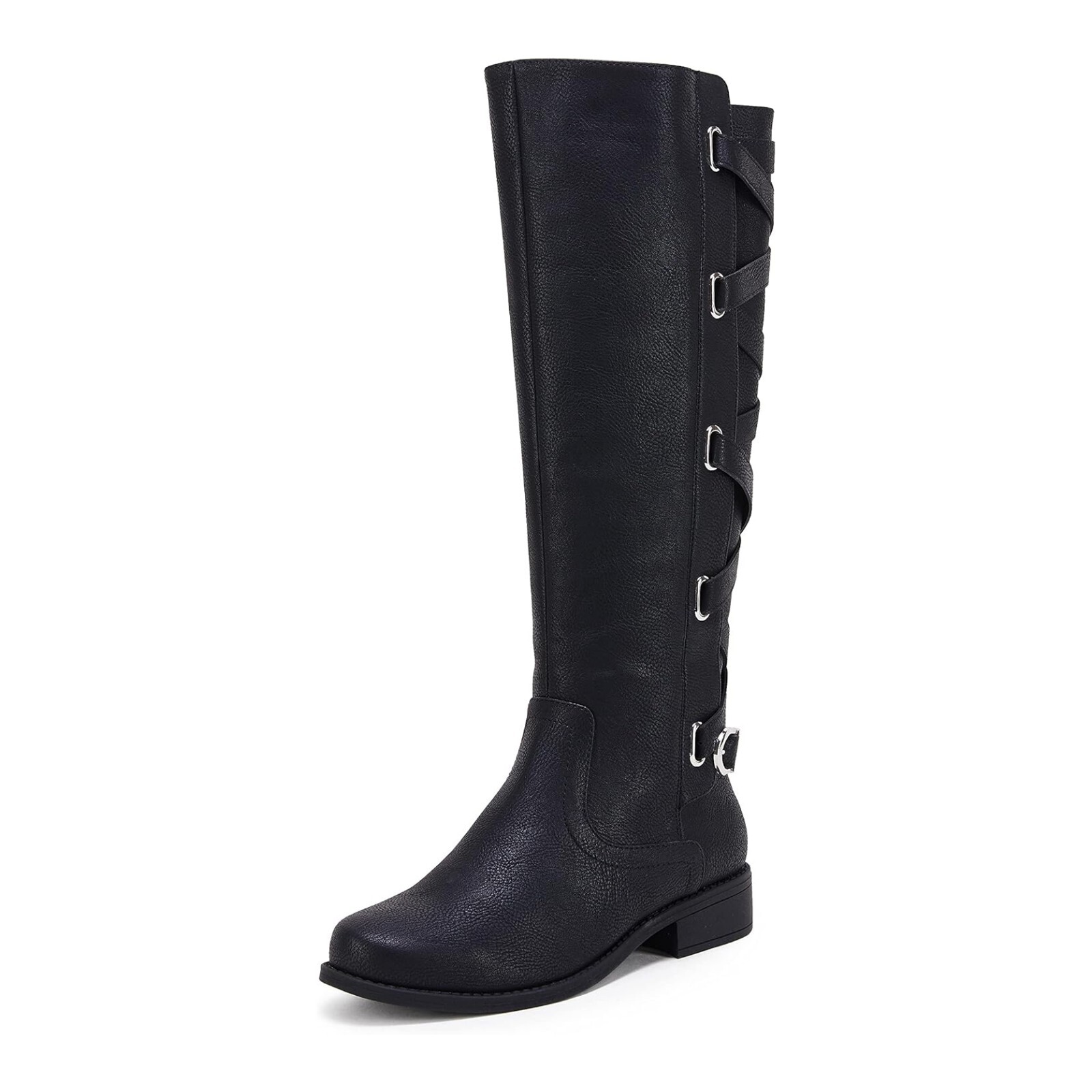 Womens Knee Boots UK 9 EU 43 Black Strappy Calf Zip Up Fashion Riding