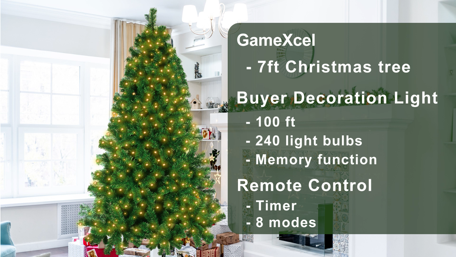 7ft 1000 tips Green Christmas Tree With 100ft LED String Lights 