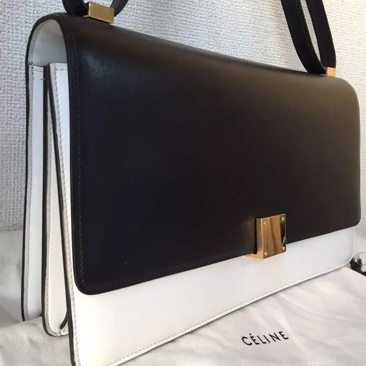 CELINE Classic Box Long Type Shoulder Bag Black & White Calfskin  Leather Auth