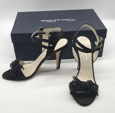 Oscar De La Renta black ankle strap satin sandal heel w/ beaded bow sz 36.5