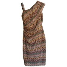 David Meister Dress Size 2 Multicolor Retro Asymmetrical Neckline Beaded Sequin