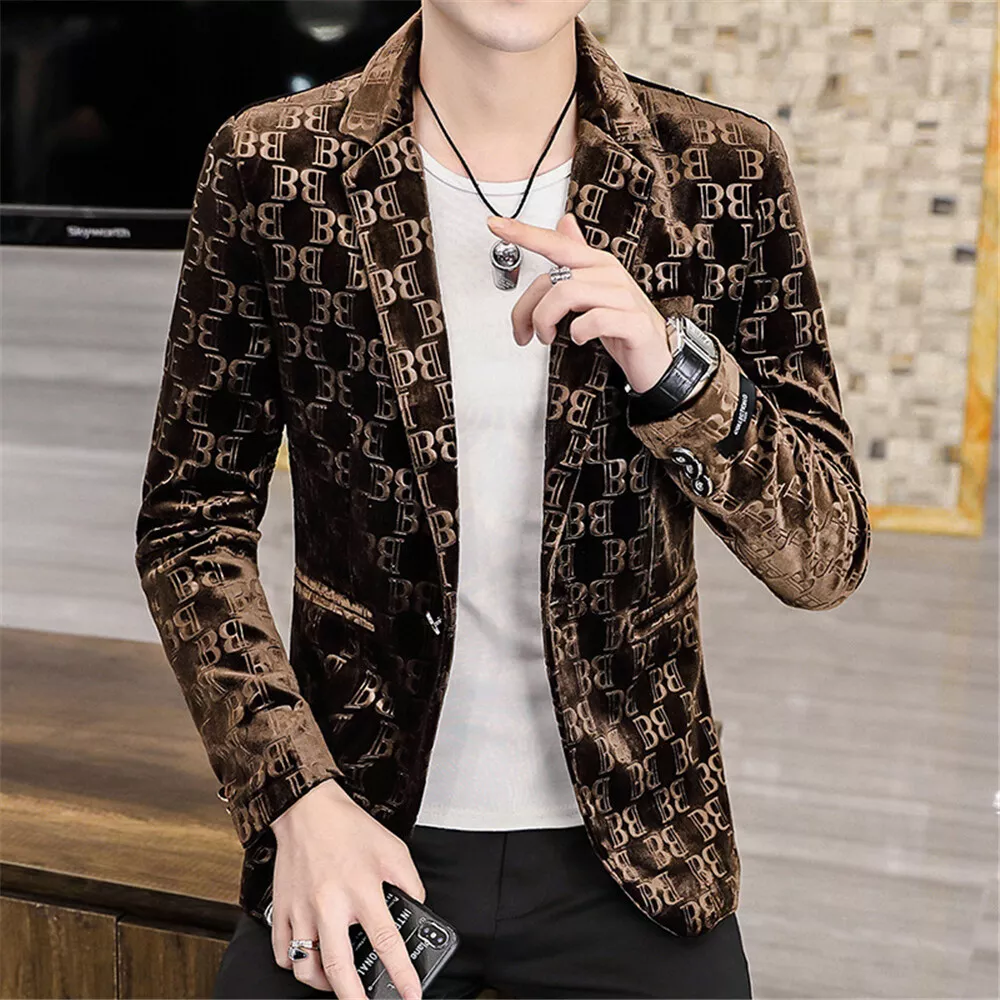 Mens Business Casual Button Slim Fit Coat Tops Velvet Work Blazer Suit  Jacket