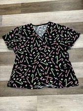 V Life Scrub Top Women’s Size XL? Black Candy Canes Tie Back EUC (no tag)