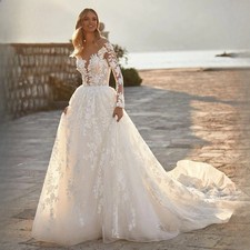 Long Sleeve Wedding Dresses Sweetheart Appliques Lace A-Line Princess Bride Gown