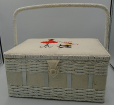 Vintage White Decorated Sewing Basket Organizing Storage Box Good Condition