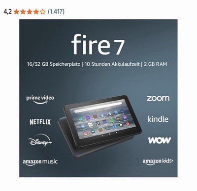 Amazon Fire 7 (12. Gen) Tablet, 7'', 2 GB RAM, 32 GB, Schwarz, WLAN