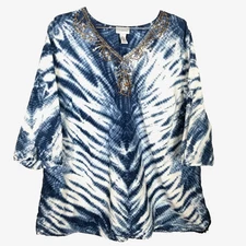 Catherines Women Plus Tie Dye Beaded Neck 3/4 Sleeve V Neck Tunic Top Sz 3X Blue