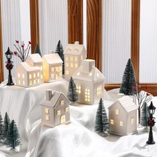 24 Pcs Christmas Village House LED Lighted Village Set Mini Christmas Tree Ce...