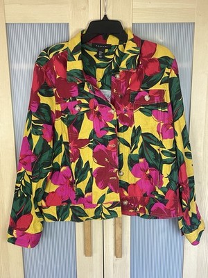 Tahari Linen Jacket Women s XL Boho Floral Resort Casual Tropical Travel Summer