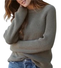 Jenni Kayne 100%Cotton Fisherman Sweater Gray Green Women S Ribbed Crewneck