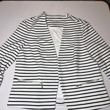 Roz Ali Sz L Black/White Stripe Open Front Blazer Cardigan Jacket Zip Pockets