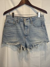 Levi s 501 Distressed Denim Shorts Light Wash Button Fly Women s Size 28