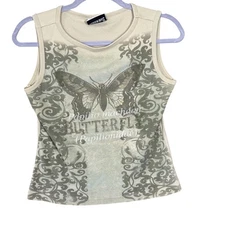 Y2K Shirt Womens Small Beige Graphic Butterfly Tank Top Grunge 00s Casual
