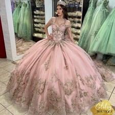 Pink Quinnceanera Dress Ball Gown Gold Lace Applique Beaded Mexico Corset Sweet