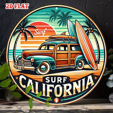 Vintage Beach Sunset Aluminum Metal Tin Sign - Retro Surfing  Palm Trees Round