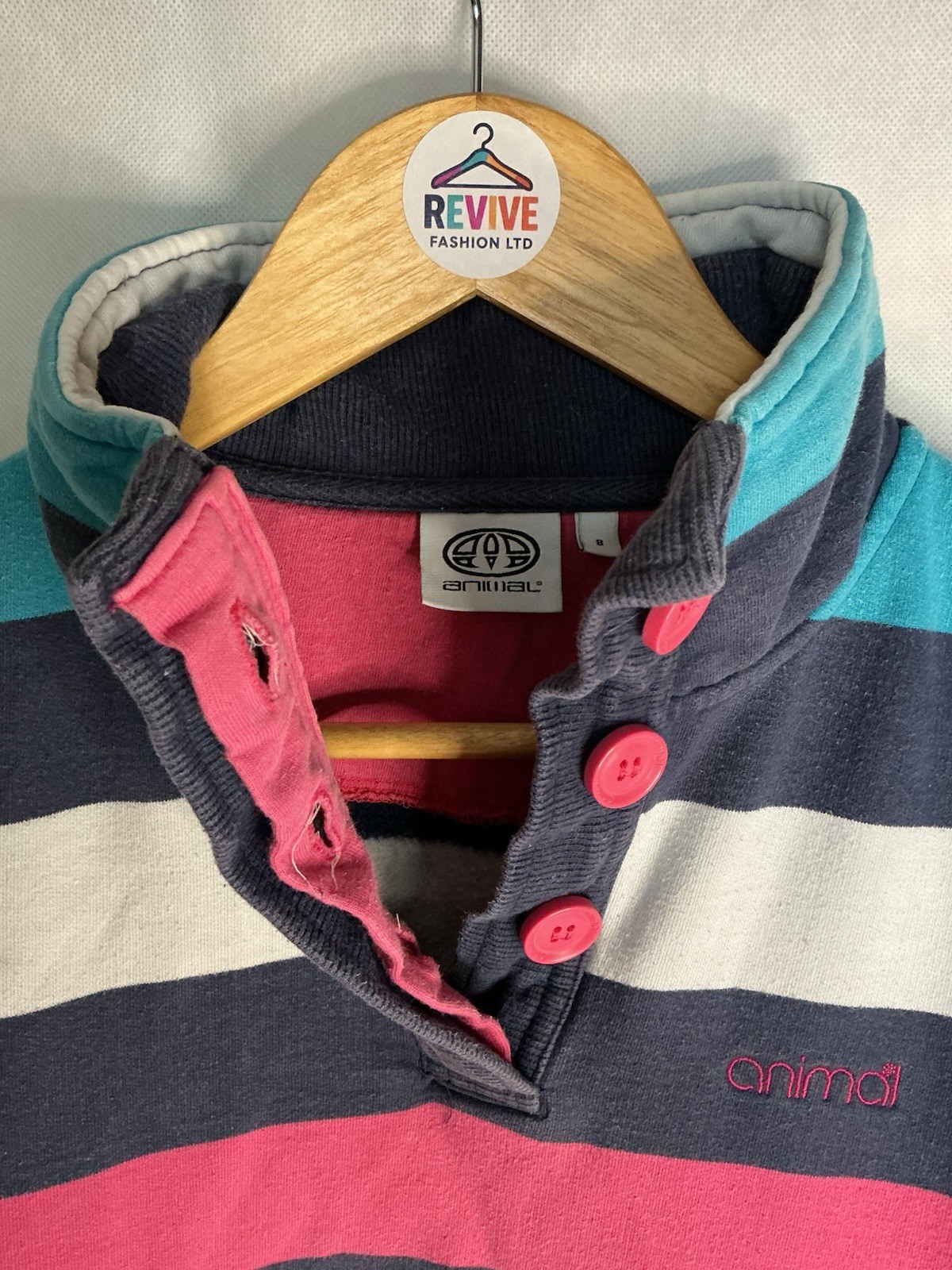 Animal Ladies Button Up Top Striped Jumper Blue White Pink Size 8 UK Button Warm image 4