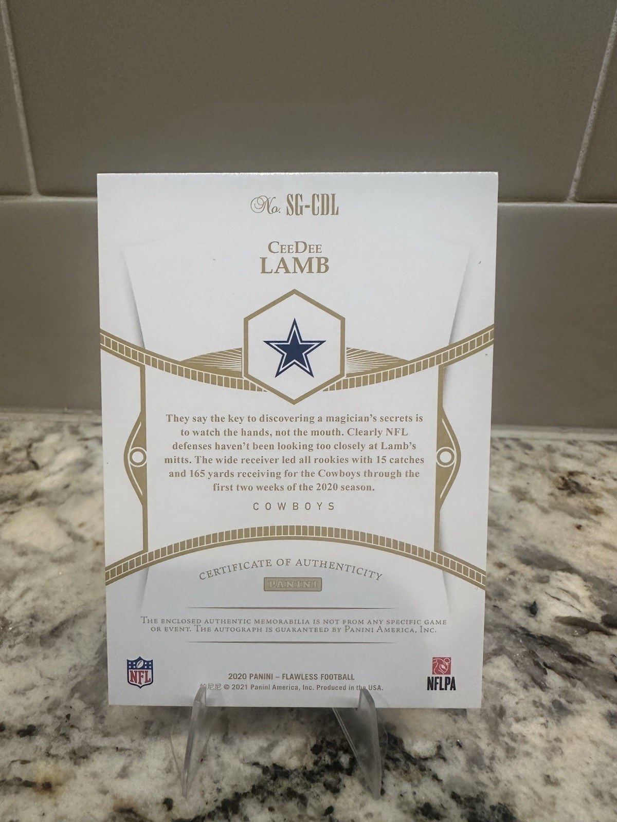 Panini 2020 Flawless Signature Gloves CeeDee Lamb RC Auto Mem Silver /15 SG-7 view 2