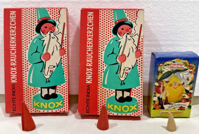 2 Vintage Knox Räucherkerzchen Echte India Incense Cones 24 Ct Boxes Germany