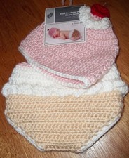 Hand Crocheted Hat and Diaper Cover Set 0-9 Months pink cherry theme