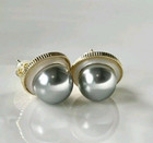 Stud Earrings Yellow Gold Over Silver Sea Shell Gray Pearl Shell Halo 1/2'