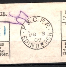 GB FRANCE Foreign PARCEL POST LABEL 1909 Superb *EDINBURGH F&CPP* CDS SS2544