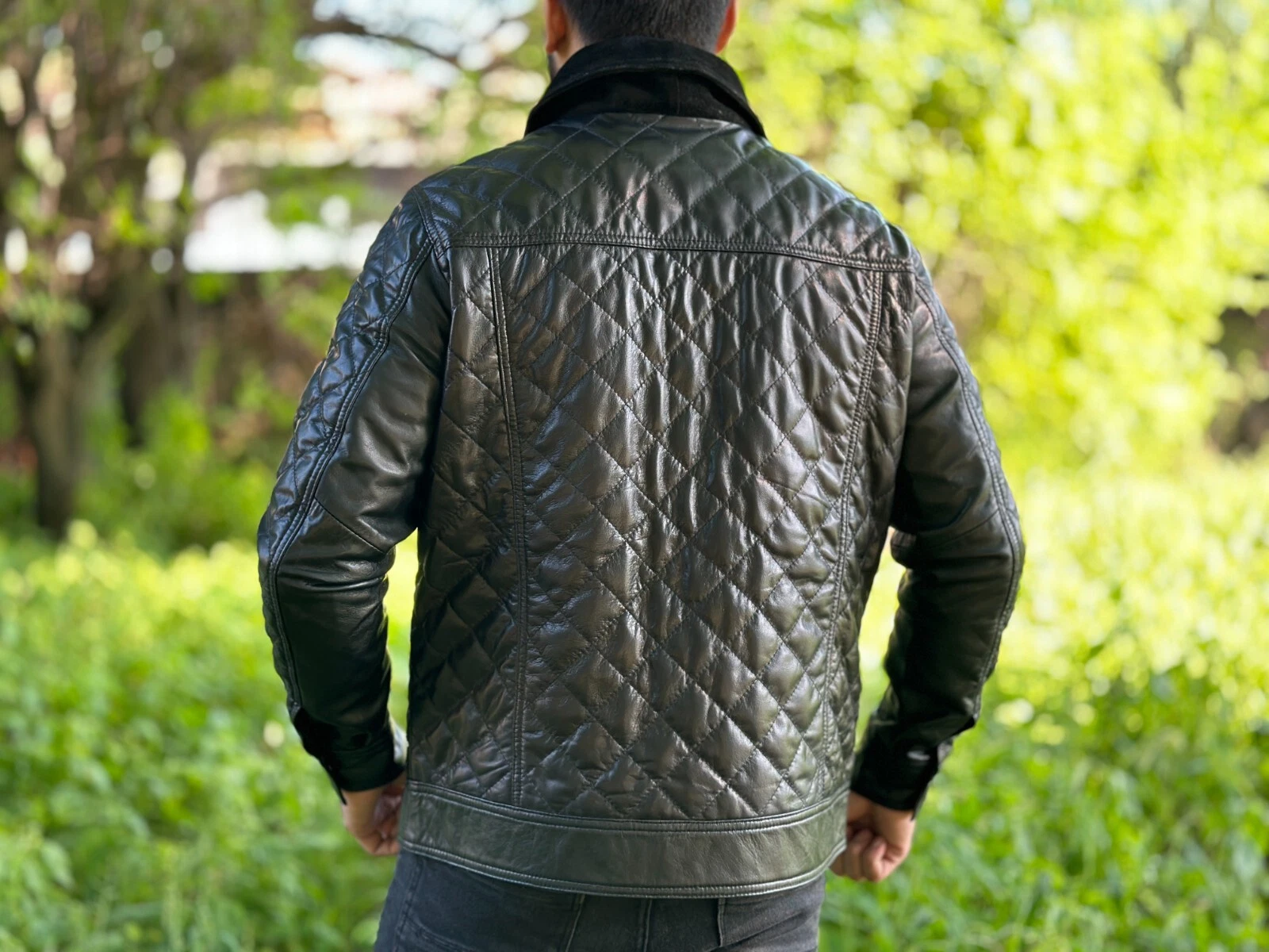 Mens Real Lambskin Quilted Leather Trucker Jacket, Black Leather Trucker Jacket image 3