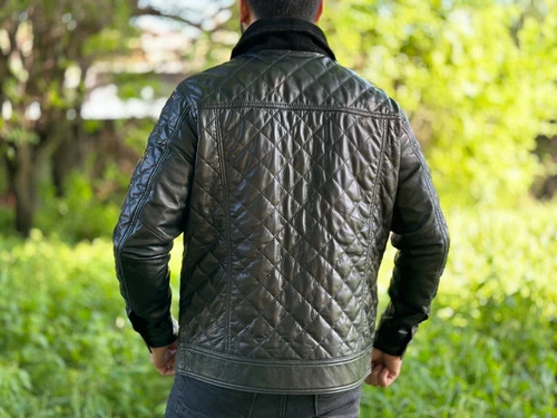 Mens Real Lambskin Quilted Leather Trucker Jacket, Black Leather Trucker Jacket image 3