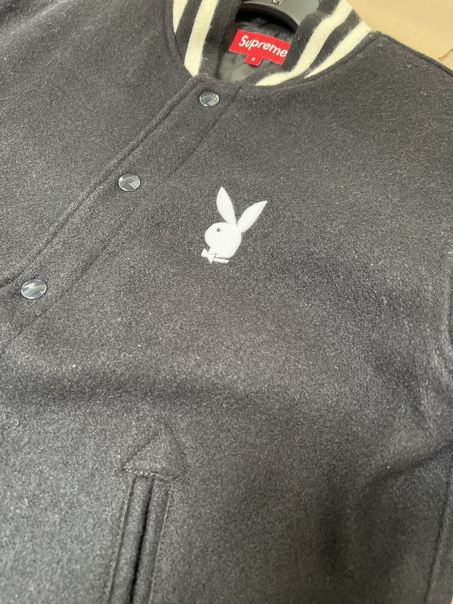 PRE OWNED SUPREME X PLAYBOY BLACK VARSITY JACKET SZ S SMALL PRE OWNED SUPREME X PLAYBOY BLACK VARSITY JACKET SZ S SMALL