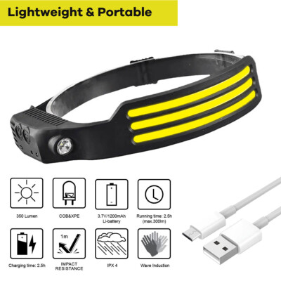 COB LED Headlamp USB Rechargeable Headlight Torch Work Light Bar Head Band Lamp.