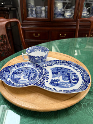 Spode Italienisch Blau & Weiß Teetassen & Untertassen Kuchen Keks Teller Set