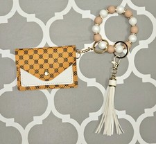 Beaded Tan and White Wristlet With Small Wallet Night Out Wallet Fun Cute Gifts