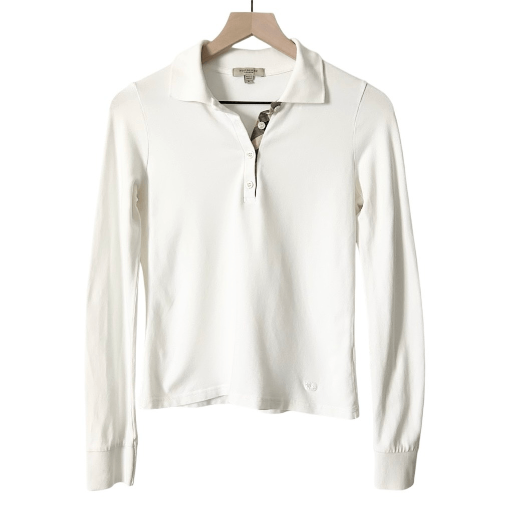 Burberry Long Sleeve Polo Shirt Nova Check White Cotton Size Small