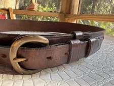 VTG TexTan Ranger Belt Men 34-36 Harness Leather Bourbon Brown Brass Stitch USA
