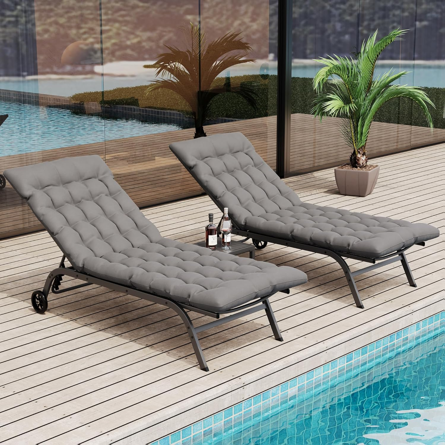 Chaise Lounge Outdoor Set of 3, Aluminum Lounge Chairs for outside W